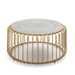 Soleil Mandala Coffee Table with a round mandala-patterned top and gold cage-like metal frame, 77x77x39 cm.