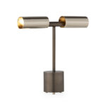 Minimalist table lamp with dual chrome shades and a dark grey finish, perfect for modern or industrial décor.