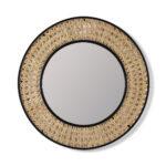 Round wall mirror featuring a handwoven rattan frame with a sleek black metal rim, measuring 80 cm in diameter. Perfect for adding a natural, bohemian touch to any room.