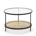 Soho Rattan Coffee Table with glass top, black metal frame, and natural rattan shelf, 66x66x45 cm, modern minimalist design.