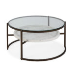 Belgravia Coffee Table with round glass top, bronze metal frame, and white marble shelf, 92x92x45 cm, modern classic design.