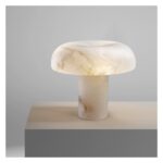 ARENA Marble Table Lamp with round shade and cylindrical base in light toasted tones.