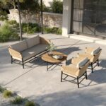 Outdoor sofa with natural resin frame, espresso aluminum structure, and comfortable cushions. Ideal for gardens, terraces, and balconies.