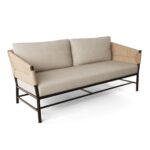 Outdoor sofa with natural resin frame, espresso aluminum structure, and comfortable cushions. Ideal for gardens, terraces, and balconies.