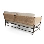 Outdoor sofa with natural resin frame, espresso aluminum structure, and comfortable cushions. Ideal for gardens, terraces, and balconies.