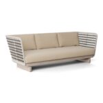 NEIL Teak Outdoor Sofa with aged teak wood and rope detailing, featuring back and seat cushions for outdoor comfort.