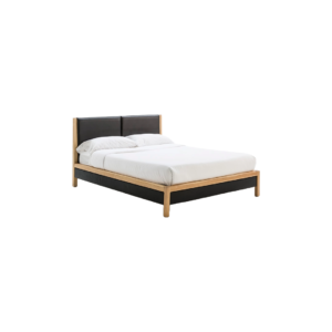 FIORENTE wood and leather bed with black faux leather headboard, showcasing a sleek modern design.