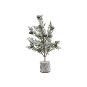 Small snowy desk Christmas tree with pinecones in a wood log base, ideal for festive décor.