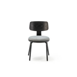 AUSTEN Chair in Black and Grey with a wooden backrest, light gray fabric seat, and black metal legs – modern and minimalist design.