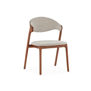 CLIFF Dining Chair with brown wood frame and grey polyester fabric upholstery.