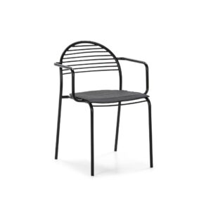 VANTA Dining Chair with black metal frame, slatted backrest, and black leather-look cushion.