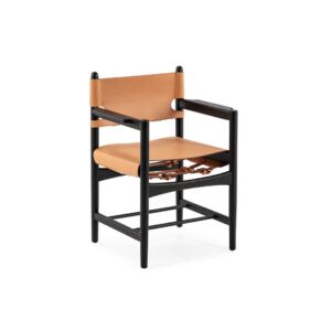 TALIA Dining Chair with tan leather upholstery and black wood frame, featuring a strap and buckle design.