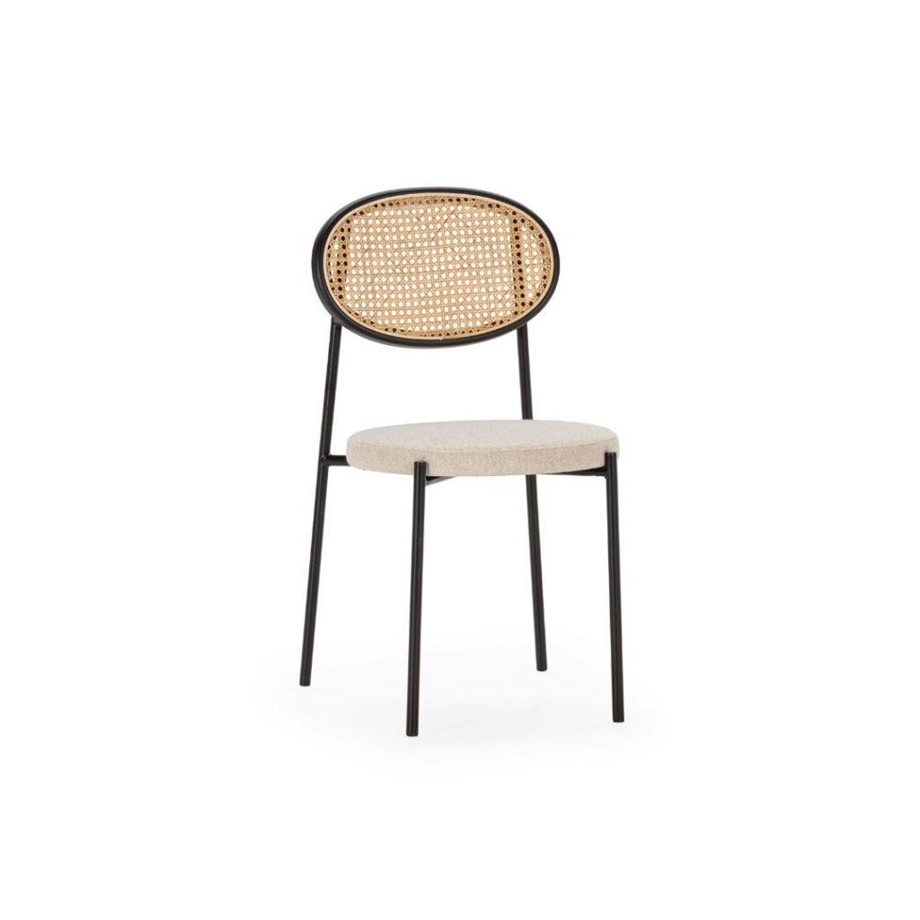 ROCHER Rattan Dining Chair with beige fabric upholstery and black metal frame, featuring a rattan cane backrest.