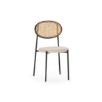 ROCHER Rattan Dining Chair with beige fabric upholstery and black metal frame, featuring a rattan cane backrest.