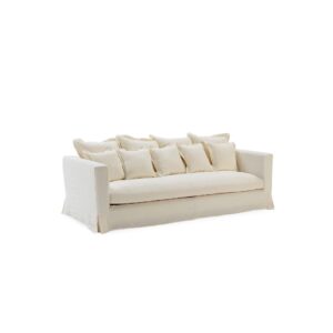 Ligne White Sofa with premium white upholstery, large back cushions, and smaller front cushions, creating a luxurious and comfortable seating area.