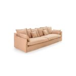 Lisbon 5-Seat Sofa in beige fabric with six large back cushions and four smaller cushions, offering spacious and comfortable seating for five.