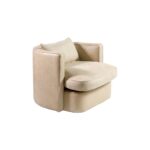 BELVOIR Off-White Leather Armchair with semicircular backrest, black metal frame, and plush cushions for modern interiors.