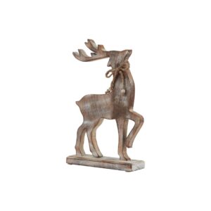 Rustic wooden reindeer decoration with whitewashed finish and rope detail, ideal for holiday décor.