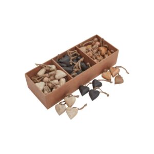 A collection of wooden heart ornaments with distressed finish and attached strings, ideal for rustic and seasonal decor.