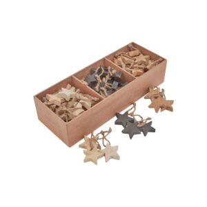 A collection of wooden star ornaments with distressed finish and pre-attached strings, ideal for rustic and holiday decor.