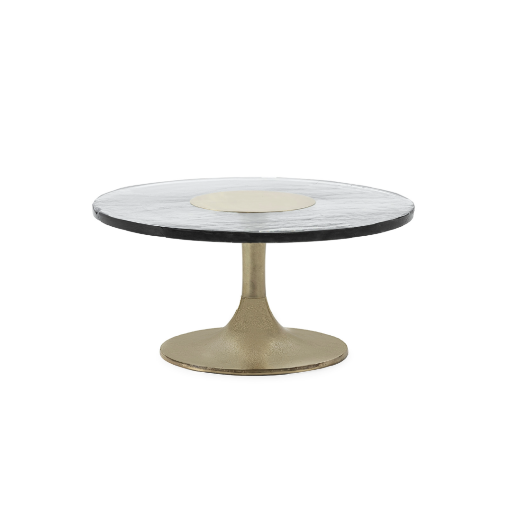 Cheswick Coffee Table with rustic aged glass top and gold aluminium pedestal base, 81x81x39 cm, modern vintage design.
