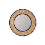 Round wall mirror featuring a handwoven rattan frame with a sleek black metal rim, measuring 80 cm in diameter. Perfect for adding a natural, bohemian touch to any room.