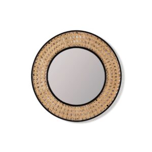 Round wall mirror featuring a handwoven rattan frame with a sleek black metal rim, measuring 80 cm in diameter. Perfect for adding a natural, bohemian touch to any room.