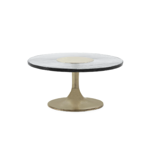 Cheswick Coffee Table with rustic aged glass top and gold aluminium pedestal base, 81x81x39 cm, modern vintage design.