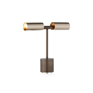 Minimalist table lamp with dual chrome shades and a dark grey finish, perfect for modern or industrial décor.