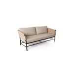 Outdoor sofa with natural resin frame, espresso aluminum structure, and comfortable cushions. Ideal for gardens, terraces, and balconies.