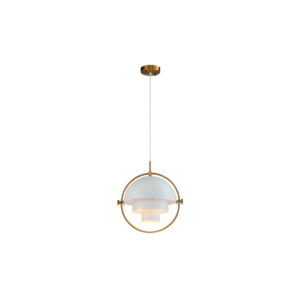 Gold and white hemisphere ceiling light with multi-level glass screen, attached to the ceiling with a chrome tube.