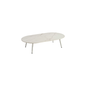 VIOLET Outdoor Coffee Table with white aluminum frame and stone top, perfect for elegant patio and garden setups.