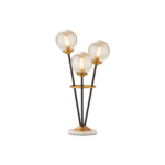 AUREUM Globus 3-light table lamp with brass accents, black metal rods, and a marble base.