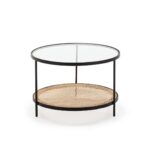 Soho Rattan Coffee Table with glass top, black metal frame, and natural rattan shelf, 66x66x45 cm, modern minimalist design.