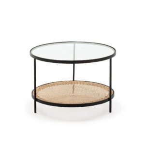 Soho Rattan Coffee Table with glass top, black metal frame, and natural rattan shelf, 66x66x45 cm, modern minimalist design.