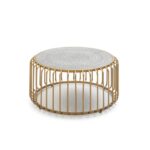 Soleil Mandala Coffee Table with a round mandala-patterned top and gold cage-like metal frame, 77x77x39 cm.