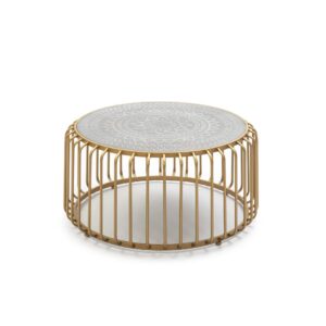 Soleil Mandala Coffee Table with a round mandala-patterned top and gold cage-like metal frame, 77x77x39 cm.