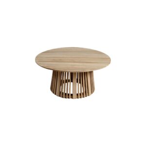 NOA Large Pallileria Outdoor Teak Coffee Table featuring aged teak wood and a spacious 90 cm diameter. Perfect for stylish outdoor settings.