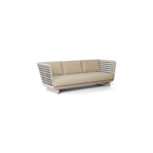 NEIL Teak Outdoor Sofa with aged teak wood and rope detailing, featuring back and seat cushions for outdoor comfort.