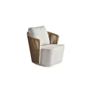 Elba Low Back Aluminium and Rope Armchair with an ivory frame and rope-woven backrest, designed for modern outdoor lounging.