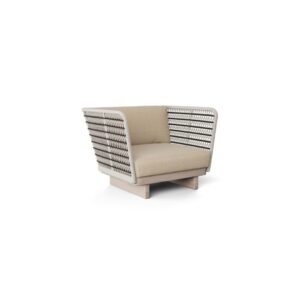 NEIL Teak Outdoor Armchair with aged teak wood and rope detailing, featuring comfortable backrest and seat cushions for outdoor use.