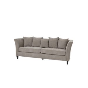 Vesper Cushion Back Three Seater Sofa in grey, with plush cushion back, metal and wood frame, 223 cm wide, 86 cm long, 81 cm high.