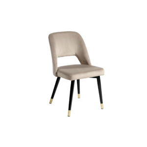 Romeo Beige Velvet Dining Chair with black metal legs and gold caps, perfect for dining rooms or kitchens with a modern and luxurious design.