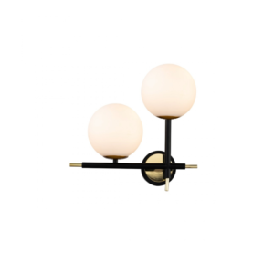 ALEI black and gold wall light with two white glass globes, modern lighting fixture for sophisticated interiors.