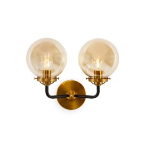 Braxton Twin Glass Wall Lamp with two amber-tinted glass globes, black metal arms, and brass accents, 37x20x31 cm.