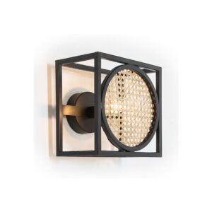 Soho Rattan Wall Lamp with black metal frame and woven rattan diffuser, 24x17x24 cm, contemporary design with natural elements.