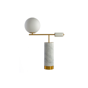 ALINA marble table lamp with gold metal details and a white glass ball shade, modern design for sophisticated interiors.