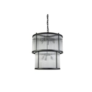 DIVINE Ceiling Light in antique black metal with clear glass panels, two-tiered design, and 9-bulb configuration.