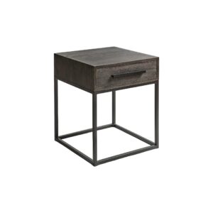 ENRI Bedside Table with greyish oak finish and dark brown metal frame, featuring a single drawer and clean straight lines for modern interiors.