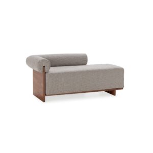 WAVERLY Walnut Chaise Lounge, featuring a unique rolled backrest, premium grey upholstery, and a solid walnut frame. Perfect for stylish interiors.